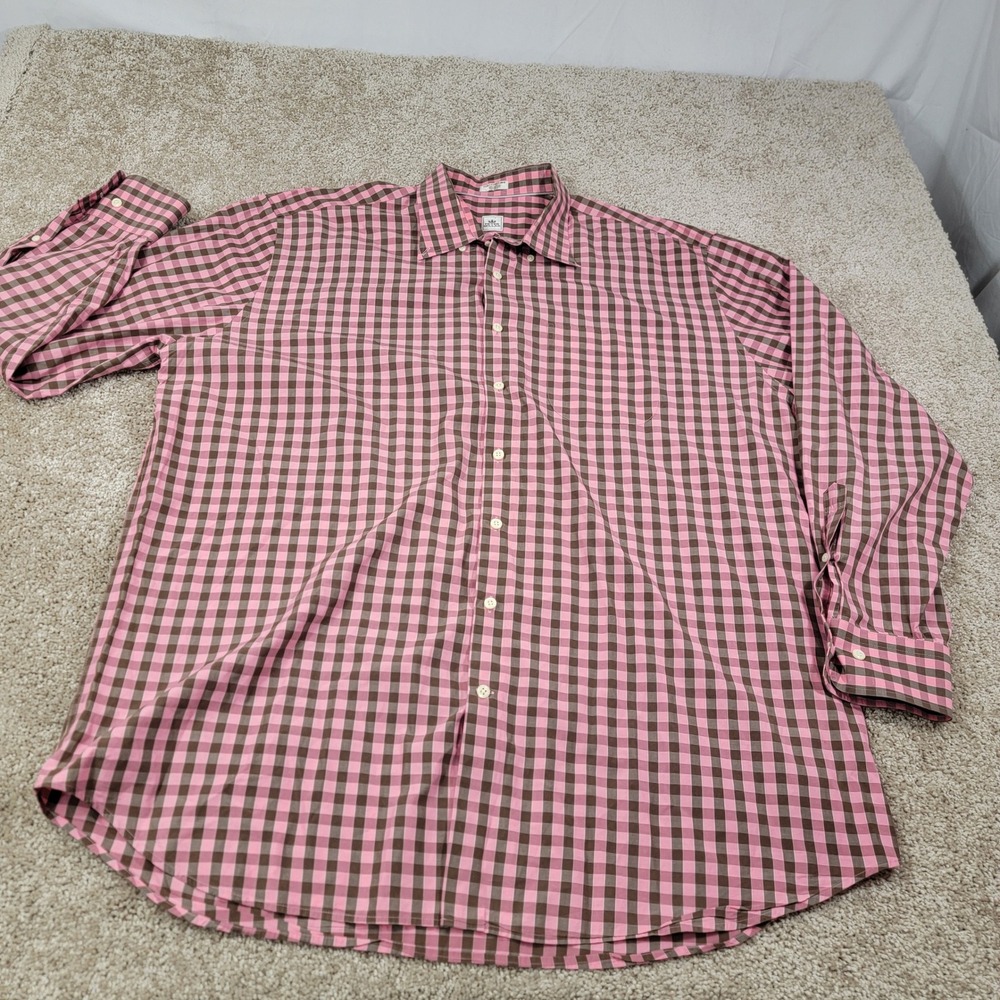 Peter Millar Mens Pink Brown Gingham Check Long Sleeve Button Down Shirt SZ XXL